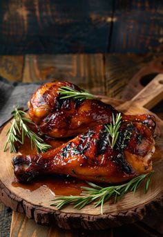 two chicken legs covered in bbq sauce and garnished with fresh herbs on a wooden platter