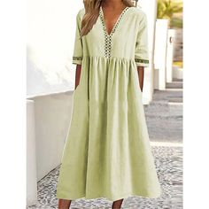 Season:Summer,Spring,Autumn,Fall; Fabric:Cotton Blend; Sleeve Length:Half Sleeve; Look After Me:Machine wash; Gender:Women's; Style:Casual,Basic,Classic; Elasticity:Micro-elastic; Occasion:Vacation,Outdoor,Daily; Fit Type:Loose Fit; Dresses Type:Tunic Dress,Casual Dress,Cotton Linen Dress,Swing Dress; Pattern:Plain; Design:Hollow Out,Ruched,Eyelet,Pocket; Neckline:V Neck; Front page:FF; Listing Date:04/11/2023; Production mode:External procurement; 2023 Trends:2023; Bust:; Length:; Sleeve:; Fit Tuck Dress, Chic Summer Style, Lace Party Dresses, Gathered Dress, Cotton Linen Dresses, Pink Midi Dress, Vestido Casual, Loose Dress, Electronic Devices