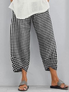 Soft Plaid Cropped Stitching Pants Cropped Linen Pants, Plus Size Pants, Elastic Waist Pants, Vintage Pants, Cargo Pants Women, Streetwear Women, Linen Women, Waist Pants, Lounge Pants