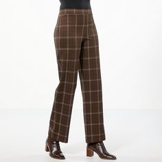 IMAN Global Chic Plaid Wide Leg Trouser  Here's your on-the-go pant for anywhere and everywhere you go. Pull them on for an effortlessly stylish edge and flattering fit. Vintage Brown Plaid Pants, Draped Fabric, Style Icons, Chic Style, Black And Brown, Fashion Clothes Women, Wide Leg, Latest Trends, Pants For Women