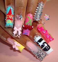 Kurt Geiger Nails, Mariah The Scientist Nails, Crazy Fun Nail Designs, Nails Acrylic With Bow, Maxamilist Nails, Candy Land Nails, Hello Kitty Nails Long, Junk Nails Bling