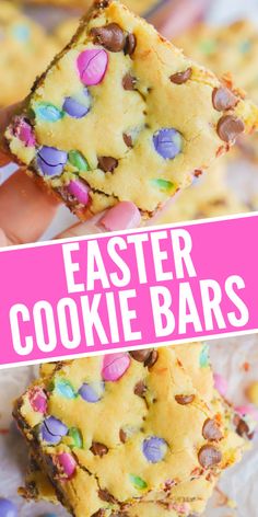 easter cookie bars are stacked on top of each other with the text overlay above it