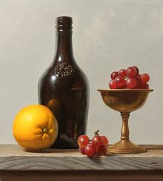 a painting of grapes and a bottle on a table