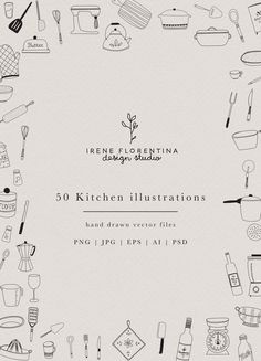 an image of kitchen illustrations with the words, 50 kitchen illustrations and hand drawn objects