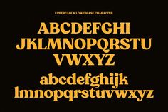 the upper and lower case of an old fashioned font with gold letters on black background