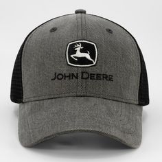 Classic black mesh back with charcoal front highlights the John Deere embroidered front logo.. With a plastic snap adjustable closure, you can have the perfect fit.. With the breathable premium black mesh back panels, and hard pigment twill front panels, this cap is sharp looking and durable.. John Deere Men's Gray/Black Cotton/Polyester Baseball Cap | JDR-0437-GS Front Highlights, Black Mesh, John Deere, Black Cotton, Classic Black, Baseball Cap, Perfect Fit, Highlights, Casual Outfits