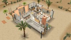 an aerial view of a house in the middle of desert with palm trees around it