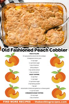 an old fashioned peach cobbler recipe is shown