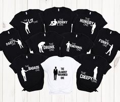 six t - shirts with the names of different characters on them, all in black and white