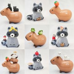 eight different ceramic figurines of animals with food items on their heads and legs