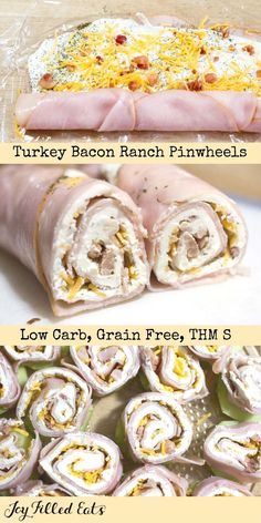 four different types of food are shown in this image, including bacon ranch pinwheels and low carb grain free ham