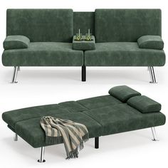 a green couch and ottoman sitting next to each other