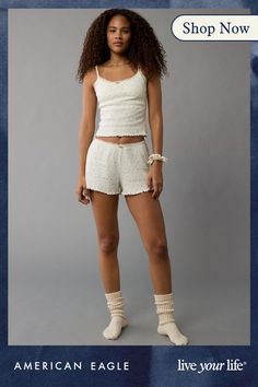 Tank top has a square neckline with lace trim & a rosette detail/Shorts have an elasticized waist Short Pj Set, Pj Sets, Square Neckline, Lace Trim, Women's Jeans, American Eagle Outfitters, American Eagle, Pajamas, Lounge Wear