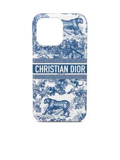 a blue and white phone case with an image of a tiger on the front, and words christian dior printed on the back