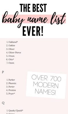 the best baby name list ever is in this pink and white printable poster with black lettering