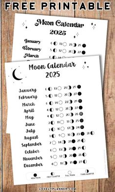 two printable moon calendars with the text free printable