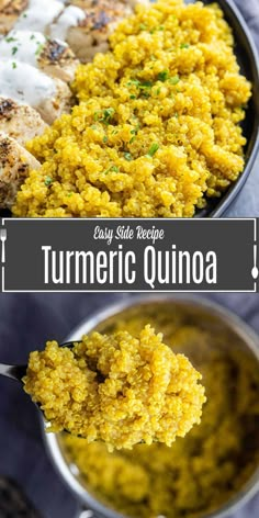 a spoon full of turmic quinoa on top of a pan filled with chicken