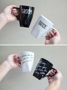 two pictures of hands holding coffee mugs with writing on them