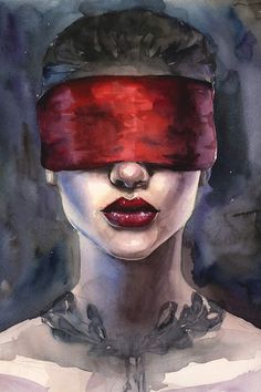 a painting of a woman with blindfolds on her face and red lipstick in the background