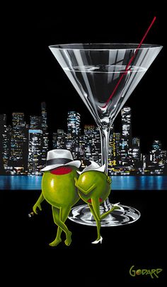 a painting of two green frogs in front of a martini glass with the city lights behind them