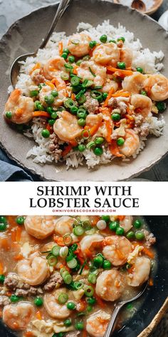 shrimp and vegetable stir fry with lobster sauce in a black bowl on top of rice