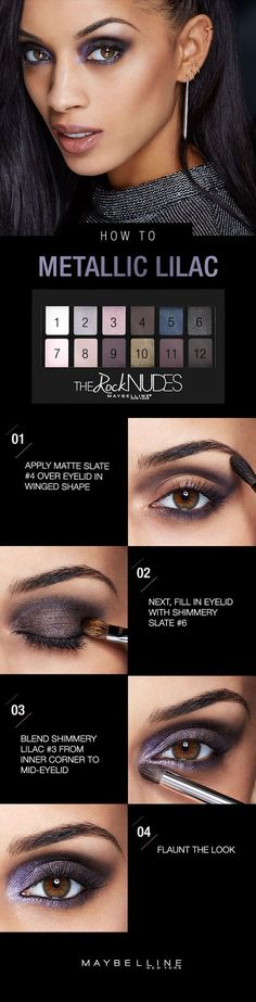 Feeling dark and daring this winter? Take this metallic smoky eye with a pretty amethyst shine and run with it. Grab your Maybelline Rock Nudes eyeshadow palette and apply the matte slate shade from inner to outer corner of eyelid, forming a wing shape. Smudge with brush to smoke out your wing, then fill in your eyelid with shimmery slate before blending it all in with shimmery lilac from your inner corners to mid-eyelid. Oh yeah. You’re a badass. Click for the full step-by-step!: Rock Eyeshadow, Eye Shadow Looks, Lilac Eye, Trendy Eyeshadow, Mode Shoes, Nude Eyeshadow, Eye Make, All Things Beauty