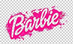 the word barbie painted in pink and white on a transparent background, with splats