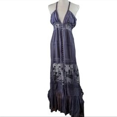 Nwt Free People Intimately Lace Blue Dress Blue Bohemian V-neck Boho Dress, Hippie Style Blue V-neck Dress, Blue Free People Dress, Blue Patchwork Hippie Dress, Blue Lace V-neck Maxi Dress, Eclectic Outfits, Lace Blue Dress, Star Dress, Long Gown