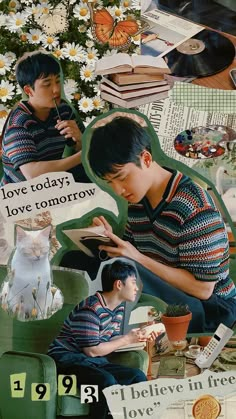 a collage of two boys sitting on a couch with flowers and books in the background