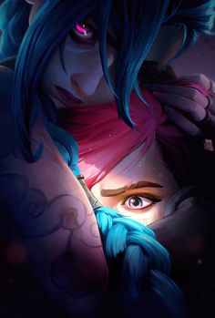 a woman with blue hair and pink eyes is looking at something in the distance while holding her arm over her shoulder