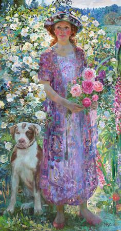 a painting of a woman holding flowers next to a dog in a garden with pink and white flowers