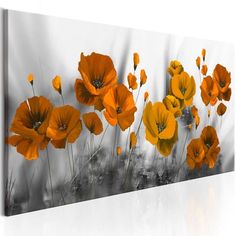 an abstract painting of orange flowers in black and white