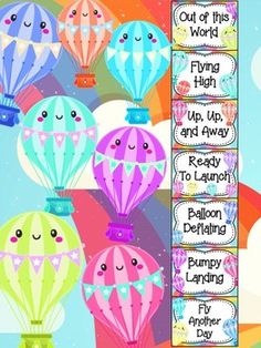 colorful hot air balloons with words and pictures on the bottom, in front of a rainbow background