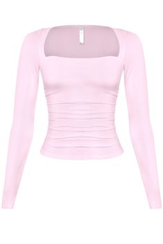 Deep Scoop Neckline Side Ruching Detail Stretchy Double layered. Soft and buttery fabric Cute Tops Sweaters, Pink Compression Shirt, Non Cropped Tops, Pink Fall Clothes, Soft Pink Aesthetic Clothes, Pink Fitted Long Sleeve Top, Wish List Clothes, Winter Tops For Women Long Sleeve, Cute Birthday Outfits For Winter