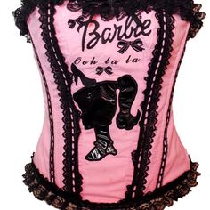 a pink corset with black lace trims and an elephant on the front