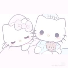 an image of two hello kittys with one holding a teddy bear in her arms