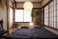 a bed sitting in a bedroom next to a window with plants on top of it