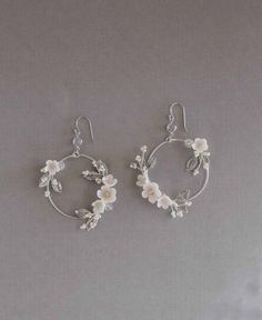 Bridal Statement Earrings Floral Bridal Earrings. Statement | Etsy Elegant Metal Hoop Flower Earrings, Delicate Silver Hoop Earrings For Anniversary, White Clip-on Hoop Earrings For Gift, White Clip-on Hoop Earrings As Gift, White Metal Hoop Earrings For Anniversary, Delicate Silver Hoop Jewelry, Round Metal Crystal Earrings For Wedding, Anniversary White Metal Hoop Earrings, White Hoop Jewelry For Anniversary