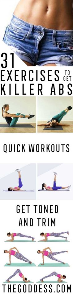 a woman doing yoga poses with the text, 31 exercises to killer abs