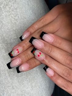 Black French With Cherries Nails, Short Black Cherry Nails, Black Cherry French Tip Nails, Black And Red French Nails