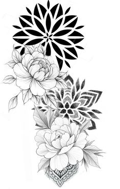 a black and white flower tattoo design on the back of a woman's arm