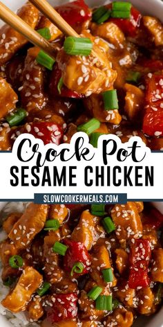 Chopsticks holding a piece of sesame chicken. Crock Pot Sesame Chicken, Chicken Sesame, Salad Prep, Chinese Cooking Recipes, Chinese Takeout, Easy Chinese Recipes