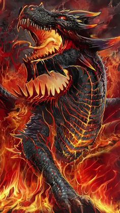 a fire breathing dragon with its mouth open and it's teeth wide open in flames