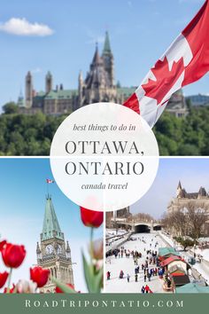 the canadian flag is flying in front of ottawa's parliament building and red tulips