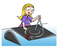 a cartoon girl is using scissors to cut fabric on a piece of black paper with blue background