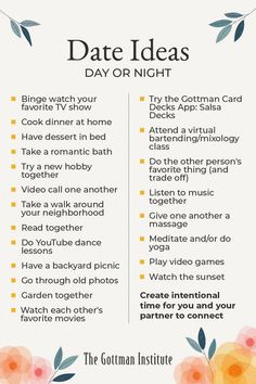 date ideas for relationship Different Types Of Couple Dates, Relationship Blog Post Ideas, Monthly Couple Check In, 8 Dates John Gottman, Relationship Milestones Timeline, Day Dates For Couples, Ideas For Couples To Do Together, Free Things To Do With Boyfriend, Things Couples Can Do Together At Home