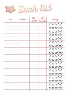 a printable book list with the title's name and numbers in pink on it