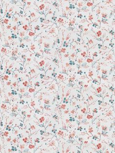 a white and red flowered wallpaper with small blue flowers on the bottom half of it