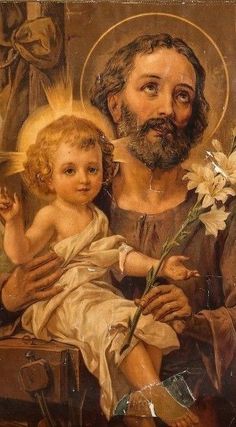 a painting of jesus holding a child with flowers in his lap and an angel above him