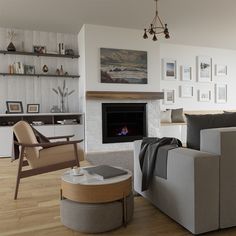 a living room filled with furniture and a fire place